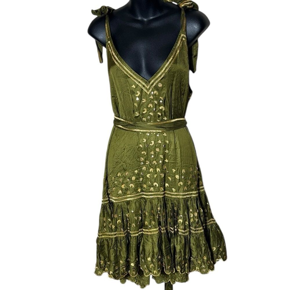 Pranella women’s small/medium luxury Resortwear dress green embroidered